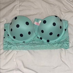 Aqua black polka dot strapless bra
